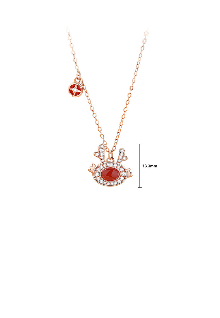 925 Sterling Silver Plated Rose Gold Fashion Vintage Copper Coin Zodiac Dragon Imitation Agate Pendant with Cubic Zirconia and Necklace - Luxurious Look