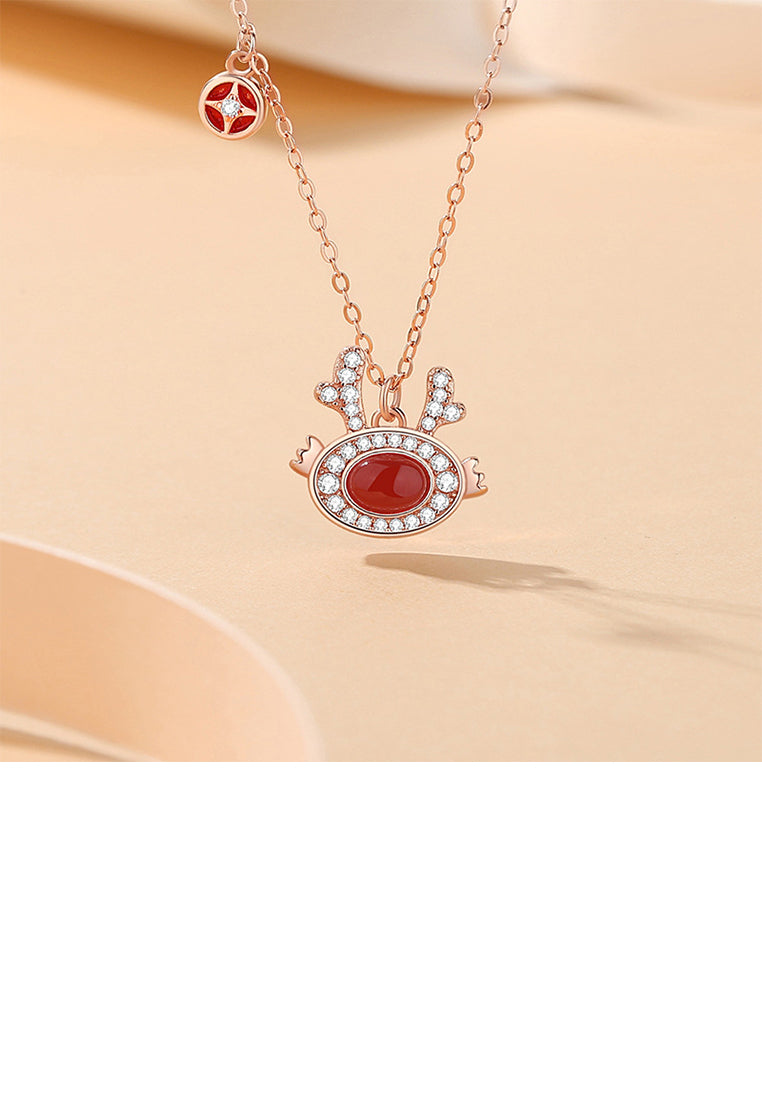925 Sterling Silver Plated Rose Gold Fashion Vintage Copper Coin Zodiac Dragon Imitation Agate Pendant with Cubic Zirconia and Necklace - Luxurious Look