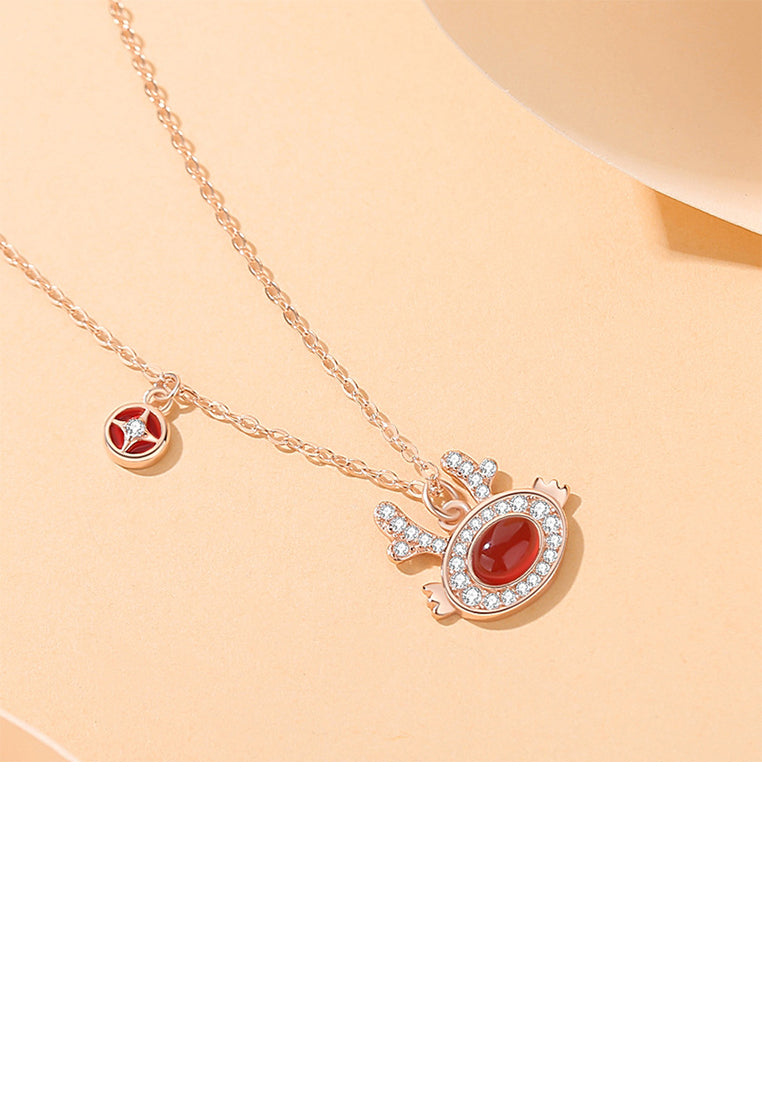 925 Sterling Silver Plated Rose Gold Fashion Vintage Copper Coin Zodiac Dragon Imitation Agate Pendant with Cubic Zirconia and Necklace - Luxurious Look