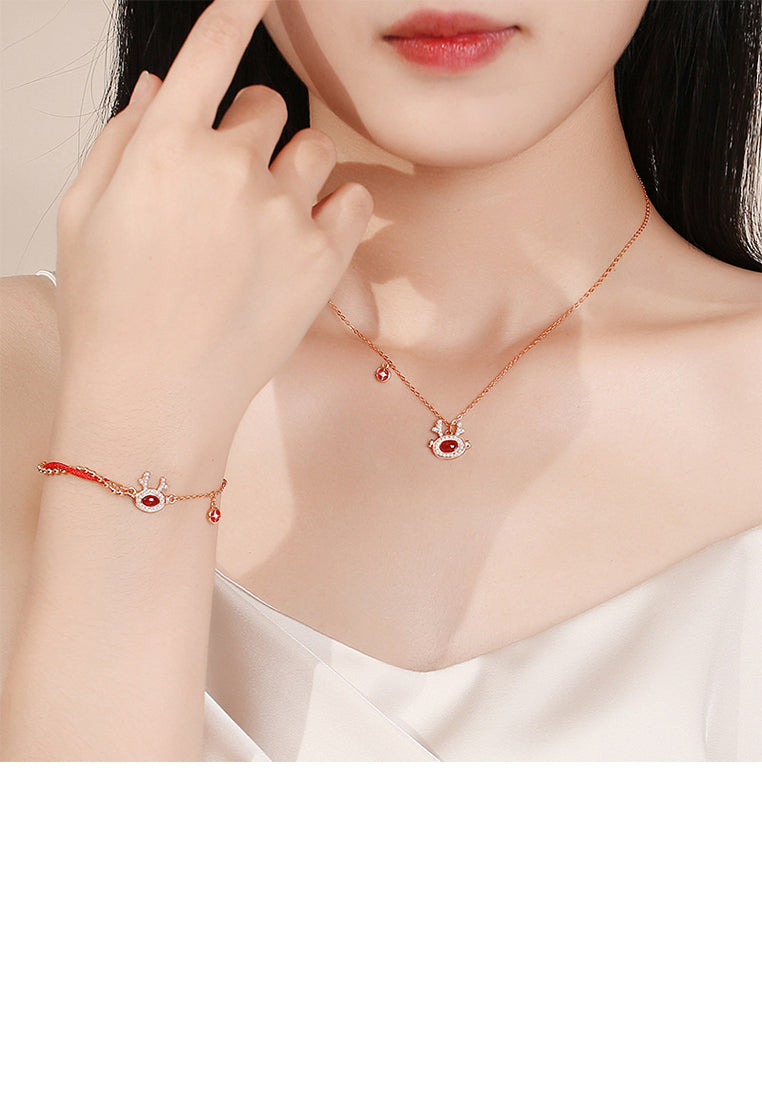 925 Sterling Silver Plated Rose Gold Fashion Vintage Copper Coin Zodiac Dragon Imitation Agate Pendant with Cubic Zirconia and Necklace - Luxurious Look