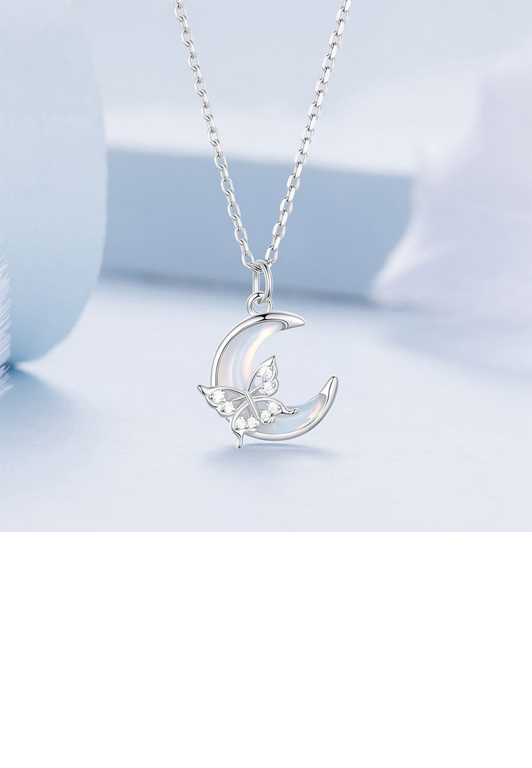 925 Sterling Silver Fashion Temperament Butterfly Moon Pendant with Cubic Zirconia and Necklace - Luxurious Look