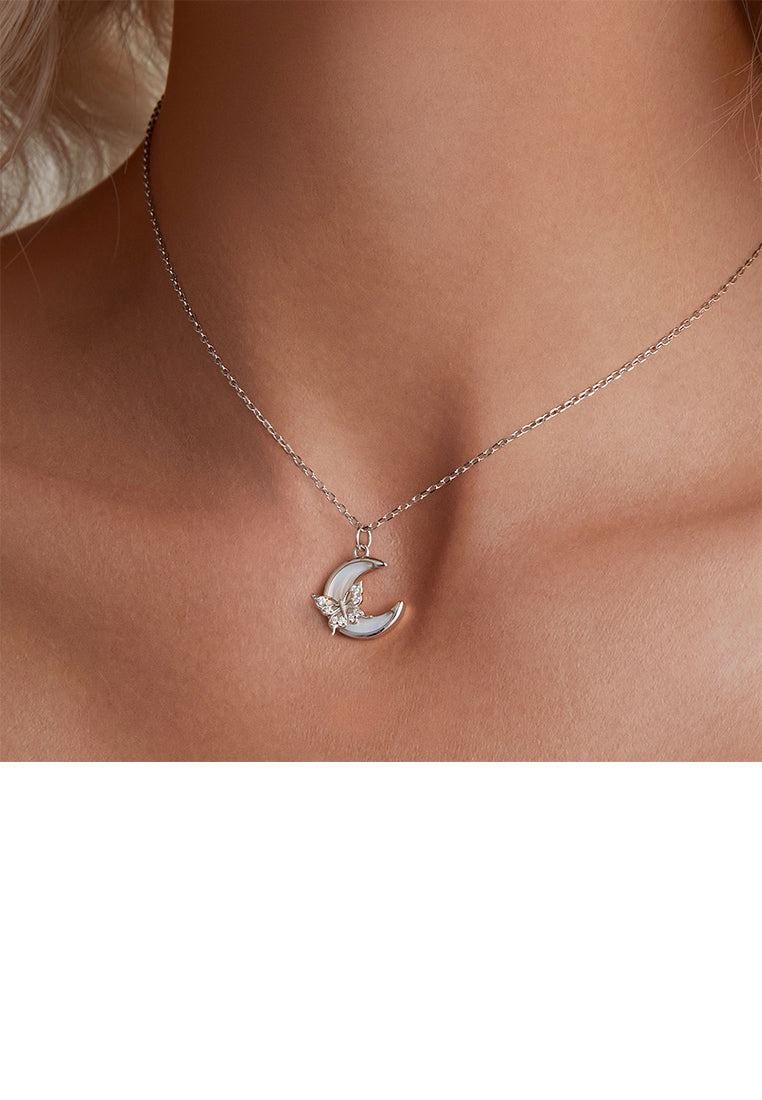 925 Sterling Silver Fashion Temperament Butterfly Moon Pendant with Cubic Zirconia and Necklace - Luxurious Look