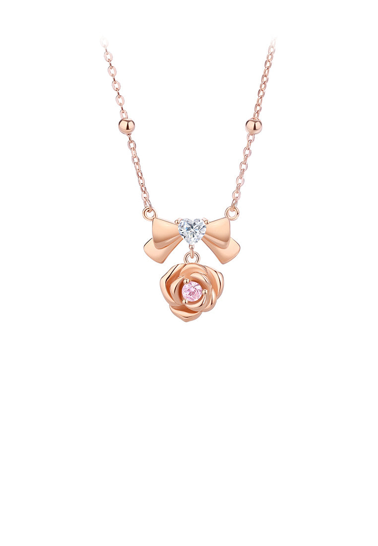 925 Sterling Silver Plated Rose Gold Simple and Sweet Ribbon Rose Pendant with Cubic Zirconia and Necklace - Luxurious Look