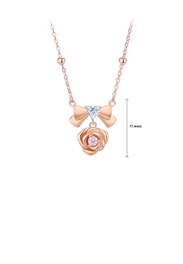 925 Sterling Silver Plated Rose Gold Simple and Sweet Ribbon Rose Pendant with Cubic Zirconia and Necklace - Luxurious Look