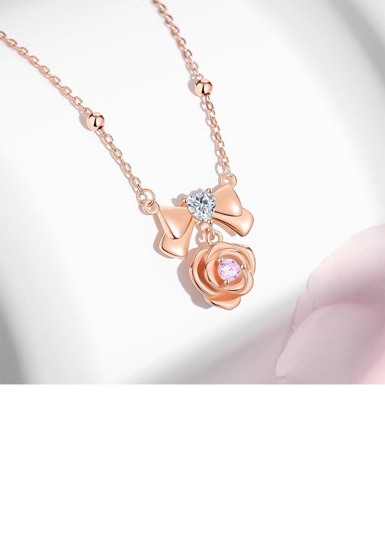 925 Sterling Silver Plated Rose Gold Simple and Sweet Ribbon Rose Pendant with Cubic Zirconia and Necklace - Luxurious Look