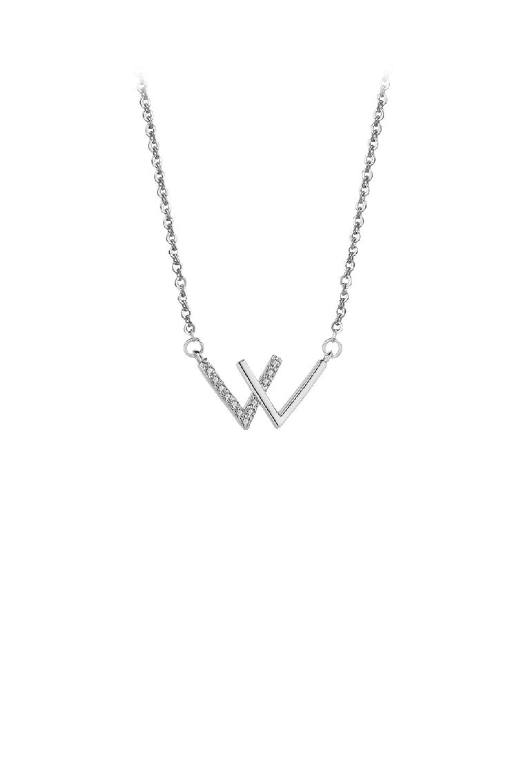 925 Sterling Silver Simple Alphabet W Pendant with Cubic Zirconia and Necklace - Luxurious Look