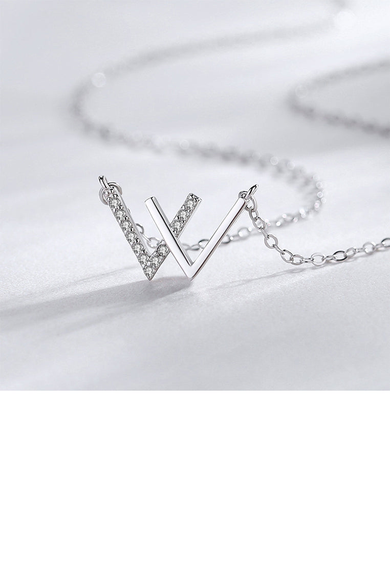 925 Sterling Silver Simple Alphabet W Pendant with Cubic Zirconia and Necklace - Luxurious Look