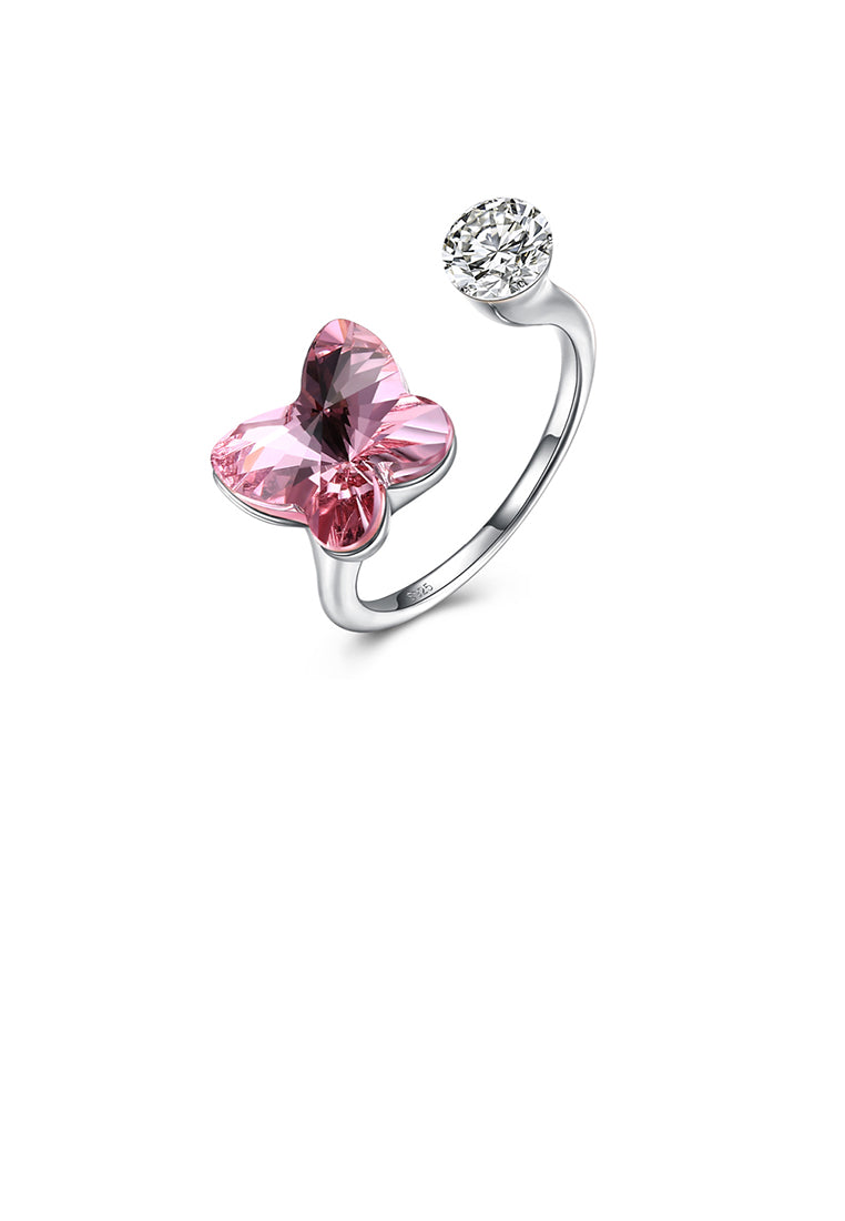 925 Sterling Silve Elegant Romantic Sweet Pink Austrian Element Crystal Butterfly Adjustable Opening Ring - Vibrant Color