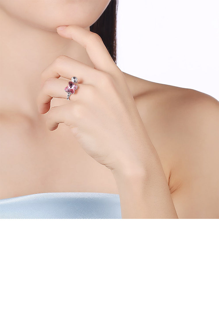 925 Sterling Silve Elegant Romantic Sweet Pink Austrian Element Crystal Butterfly Adjustable Opening Ring - Vibrant Color