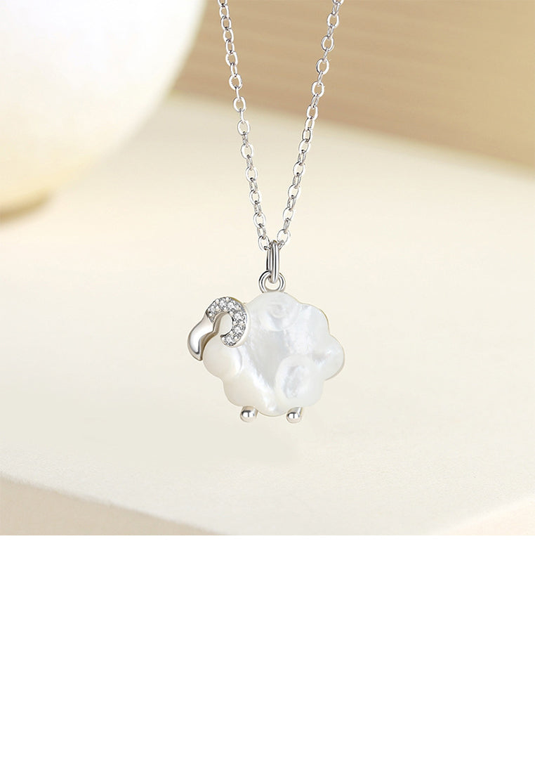 925 Sterling Silver Simple and Lovely Sheep Mother-of-pearl Pendant with Cubic Zirconia and Necklace - Luxurious Look