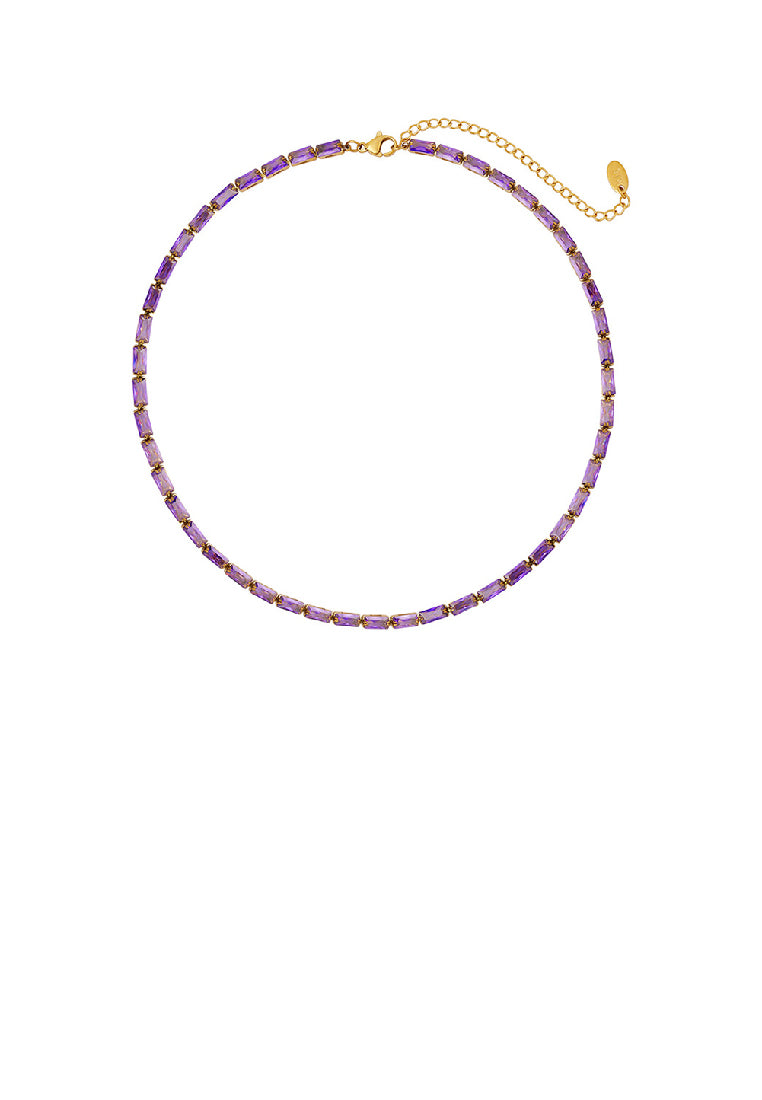 Simple Bright Plated Gold 316L Stainless Steel Geometric Square Purple Cubic Zirconia Necklace - Luxurious Look