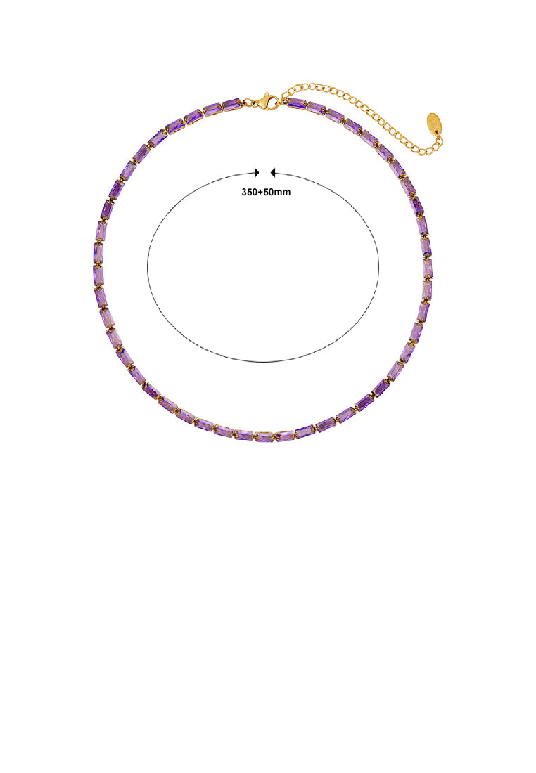 Simple Bright Plated Gold 316L Stainless Steel Geometric Square Purple Cubic Zirconia Necklace - Luxurious Look