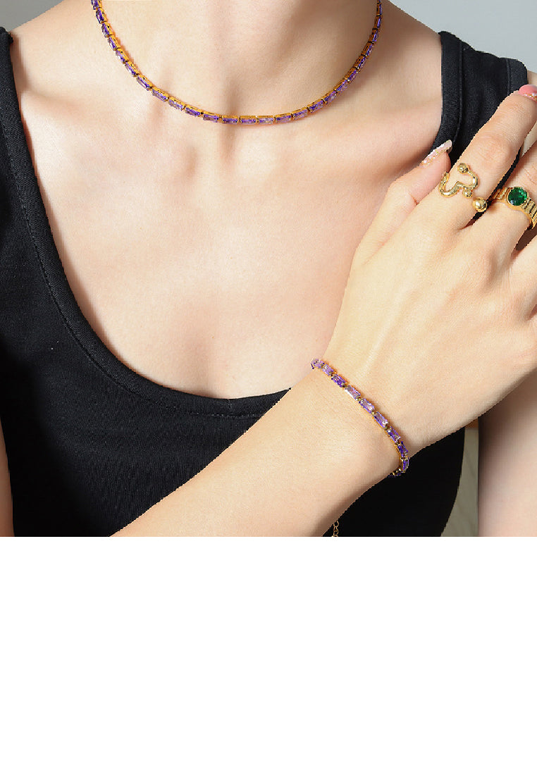 Simple Bright Plated Gold 316L Stainless Steel Geometric Square Purple Cubic Zirconia Necklace - Luxurious Look