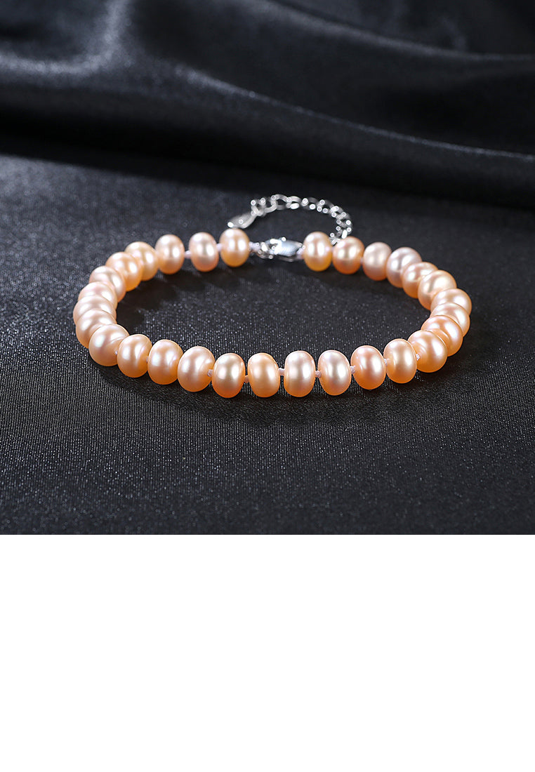 925 Sterling Silver Fashion Elegant Pink Freshwater Pearl Beaded Bracelet - Luxurious Look - Vibrant Color