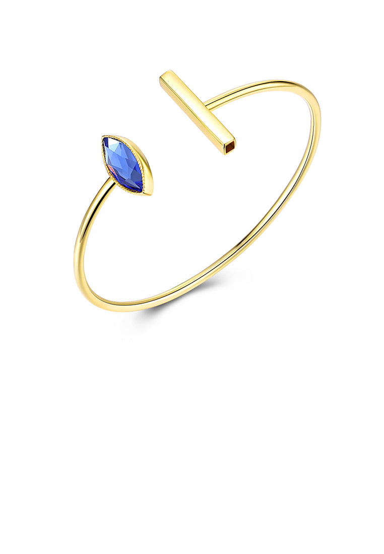925 Sterling Silver Gold Plated Simple Elegant Fashion Eye Shape Open Bangle with Blue Austrian Element Crystal