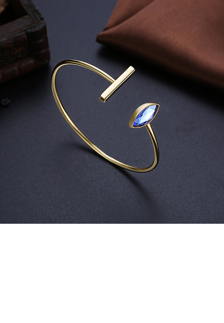 925 Sterling Silver Gold Plated Simple Elegant Fashion Eye Shape Open Bangle with Blue Austrian Element Crystal