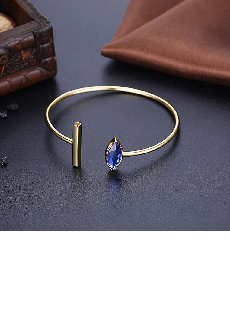 925 Sterling Silver Gold Plated Simple Elegant Fashion Eye Shape Open Bangle with Blue Austrian Element Crystal