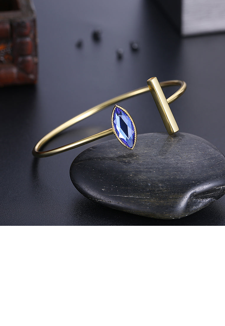925 Sterling Silver Gold Plated Simple Elegant Fashion Eye Shape Open Bangle with Blue Austrian Element Crystal