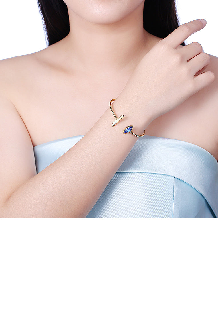 925 Sterling Silver Gold Plated Simple Elegant Fashion Eye Shape Open Bangle with Blue Austrian Element Crystal