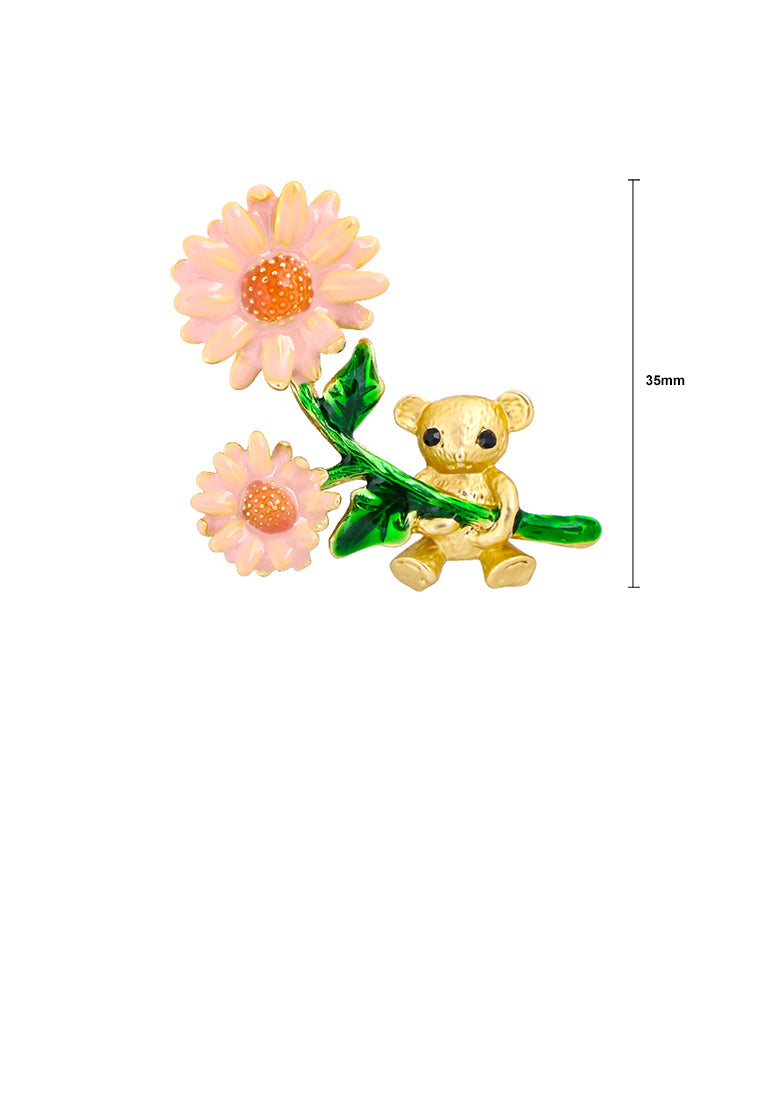 Fashion and Cute Plated Gold Enamel Pink Flower Bear Brooch - Vibrant Color
