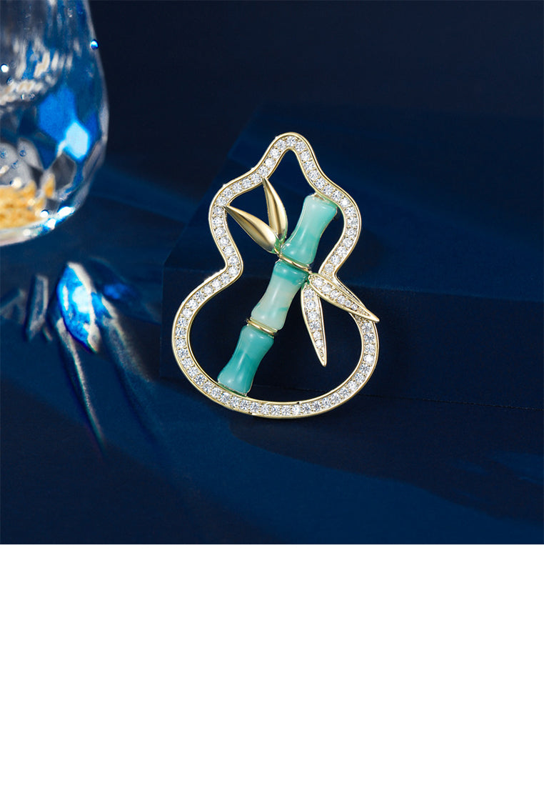 Fashion Vintage Plated Gold Bamboo Hollow Gourd Brooch with Cubic Zirconia - Luxurious Look