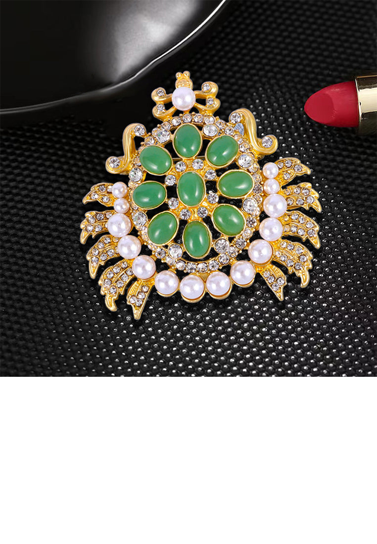 Fashion Vintage Plated Gold Palace Style Crab Imitation Pearl Brooch with Cubic Zirconia - Luxurious Look
