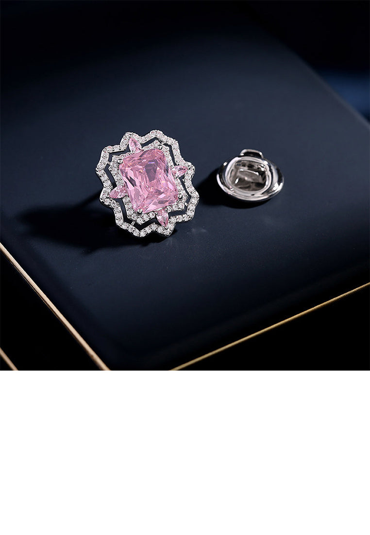 Simple Fashion Lace Geometric Cube Brooch with Pink Cubic Zirconia - Luxurious Look - Vibrant Color