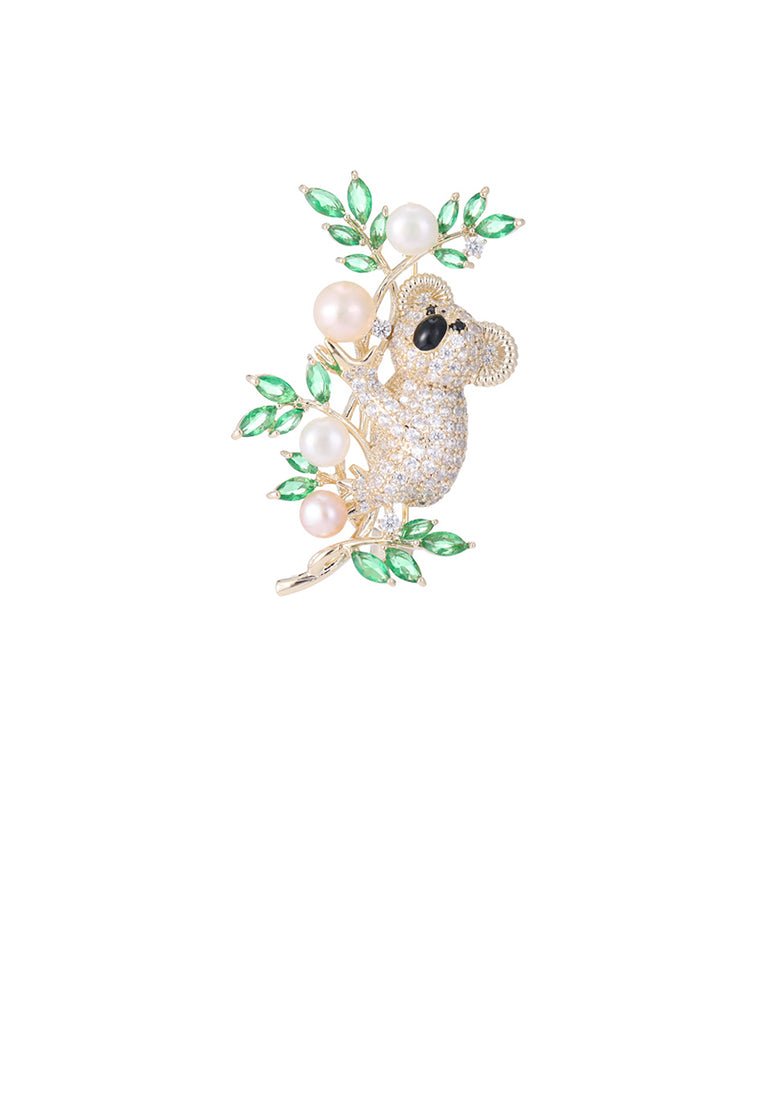 Brilliant Lovely Plated Gold Koala Leaf Imitation Pearl Brooch with Cubic Zirconia - Luxurious Look
