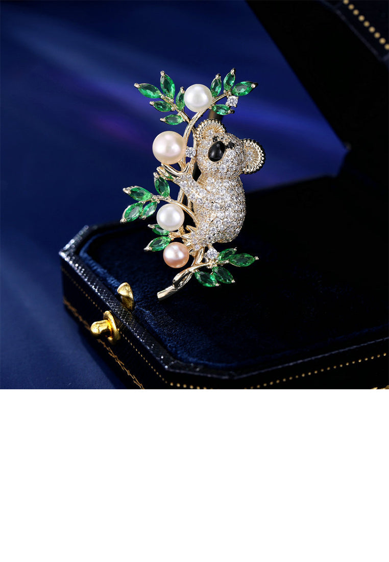 Brilliant Lovely Plated Gold Koala Leaf Imitation Pearl Brooch with Cubic Zirconia - Luxurious Look