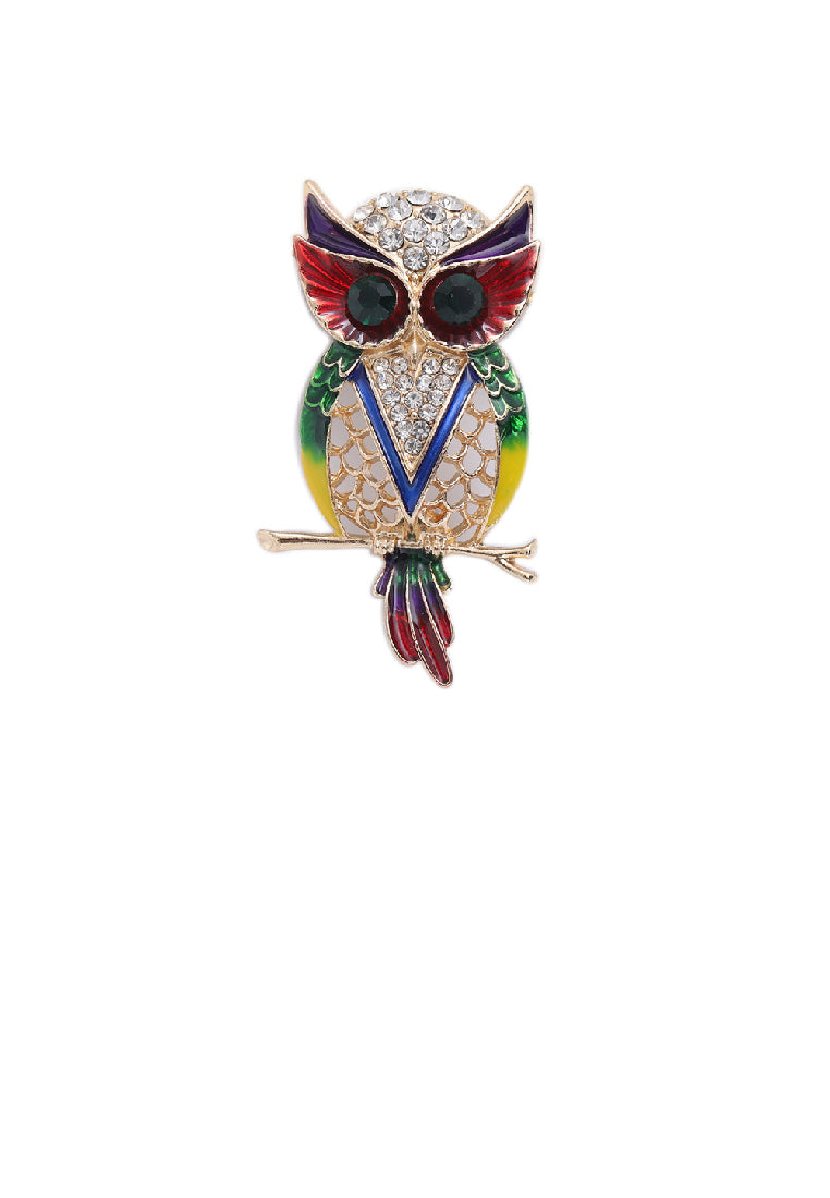 Fashion Personalized Plated Gold Enamel Multicolored Owl Brooch with Cubic Zirconia - Luxurious Look