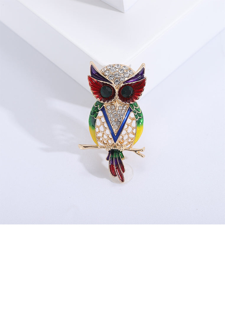 Fashion Personalized Plated Gold Enamel Multicolored Owl Brooch with Cubic Zirconia - Luxurious Look