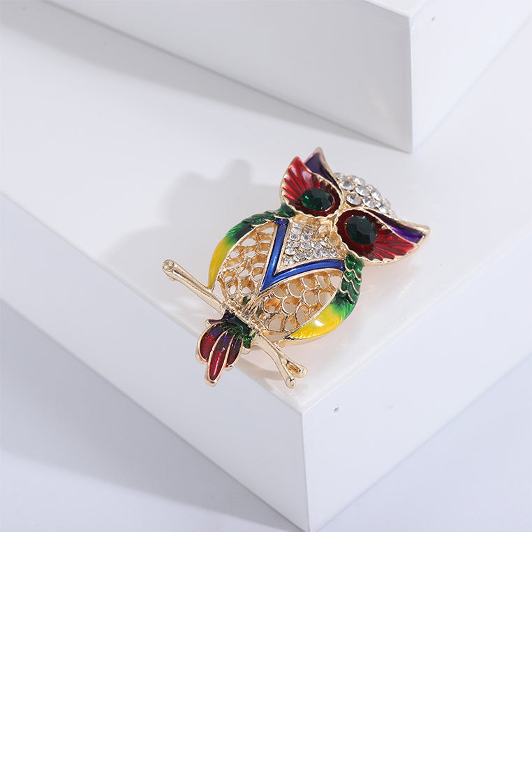 Fashion Personalized Plated Gold Enamel Multicolored Owl Brooch with Cubic Zirconia - Luxurious Look