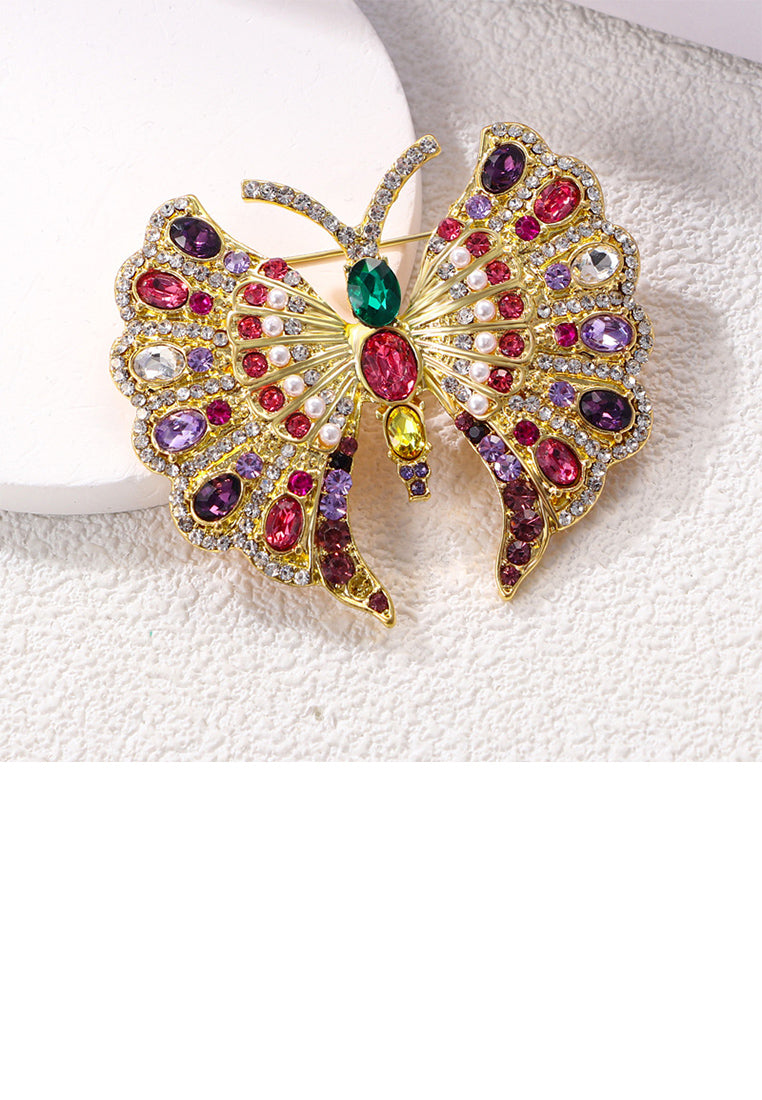 Elegant Brilliant Plated Gold Butterfly Brooch with Colored Cubic Zirconia - Luxurious Look