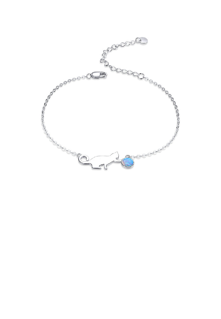 925 Sterling Silver Fashion Cute Cat Opal Bracelet