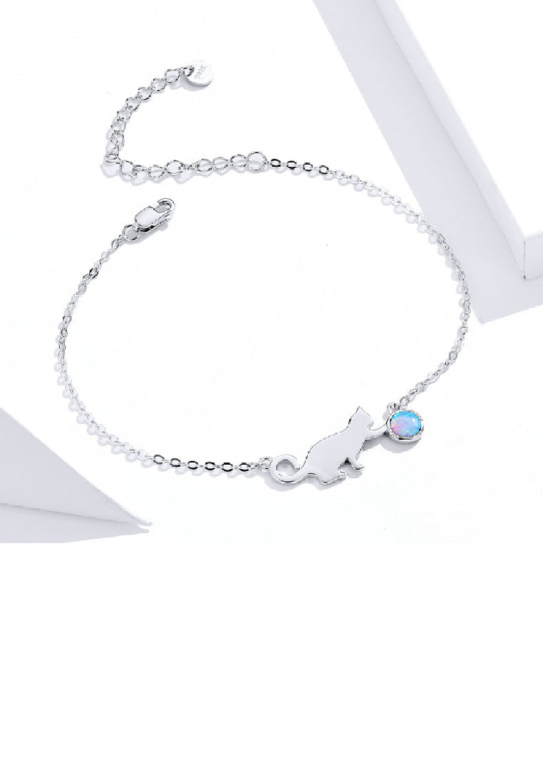 925 Sterling Silver Fashion Cute Cat Opal Bracelet