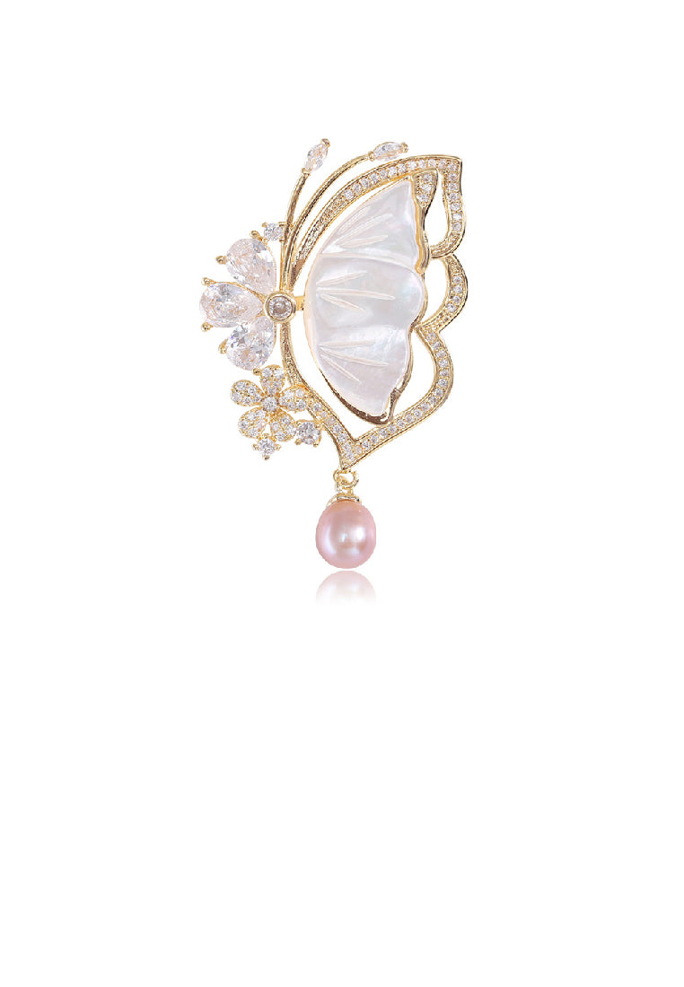 Fashion Temperament Plated Gold Shell Butterfly Imitation Pearl Brooch with Cubic Zirconia - Luxurious Look