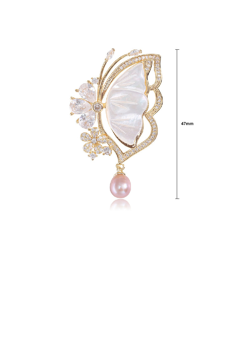 Fashion Temperament Plated Gold Shell Butterfly Imitation Pearl Brooch with Cubic Zirconia - Luxurious Look