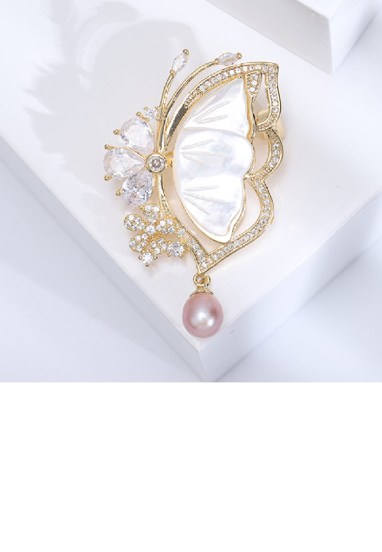 Fashion Temperament Plated Gold Shell Butterfly Imitation Pearl Brooch with Cubic Zirconia - Luxurious Look