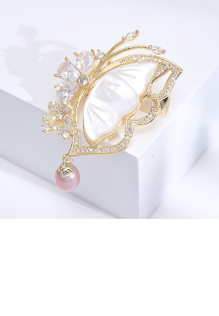 Fashion Temperament Plated Gold Shell Butterfly Imitation Pearl Brooch with Cubic Zirconia - Luxurious Look