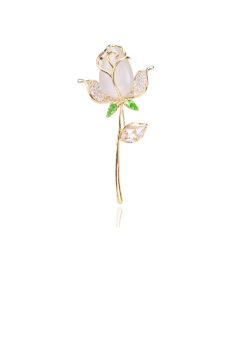 Fashion and Elegant Plated Gold Rose Imitation Opal Brooch with Cubic Zirconia - Luxurious Look