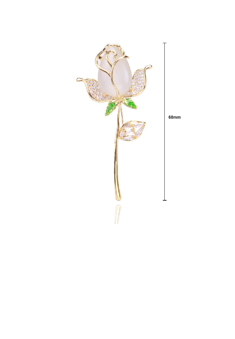 Fashion and Elegant Plated Gold Rose Imitation Opal Brooch with Cubic Zirconia - Luxurious Look