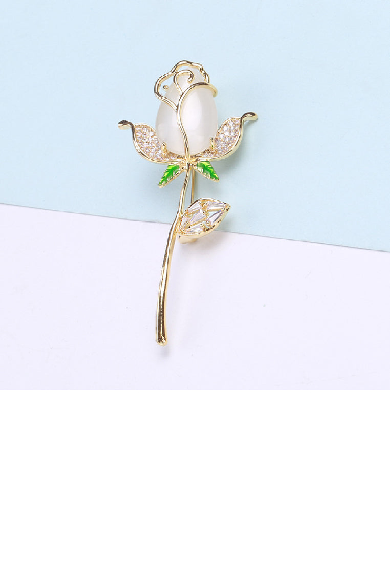 Fashion and Elegant Plated Gold Rose Imitation Opal Brooch with Cubic Zirconia - Luxurious Look