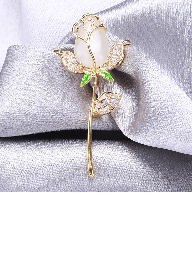 Fashion and Elegant Plated Gold Rose Imitation Opal Brooch with Cubic Zirconia - Luxurious Look