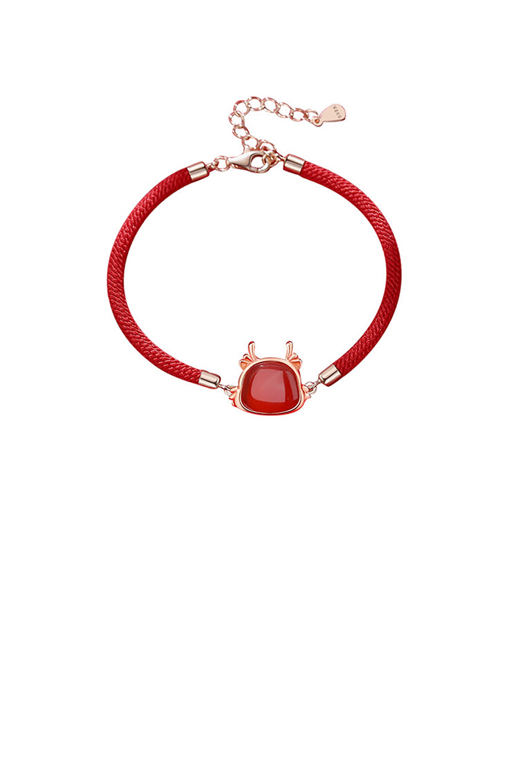 925 Sterling Silver Plated Rose Gold Simple Vintage Twelve Zodiac Dragon Imitation Agate Bracelet