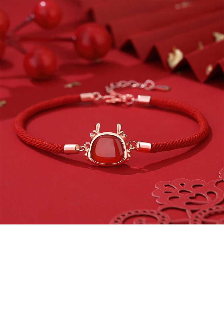 925 Sterling Silver Plated Rose Gold Simple Vintage Twelve Zodiac Dragon Imitation Agate Bracelet