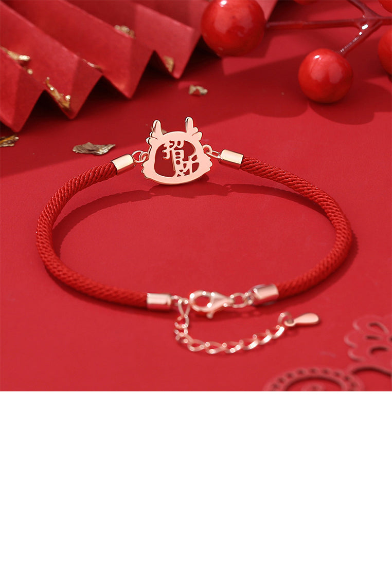 925 Sterling Silver Plated Rose Gold Simple Vintage Twelve Zodiac Dragon Imitation Agate Bracelet