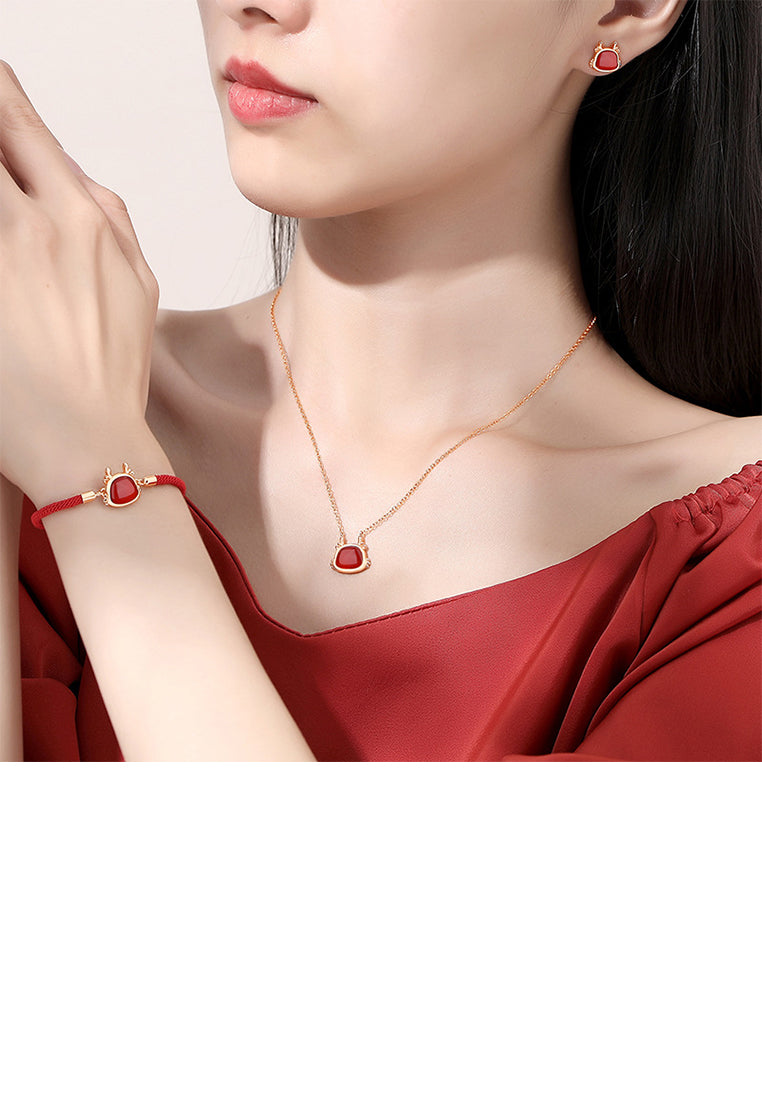 925 Sterling Silver Plated Rose Gold Simple Vintage Twelve Zodiac Dragon Imitation Agate Bracelet