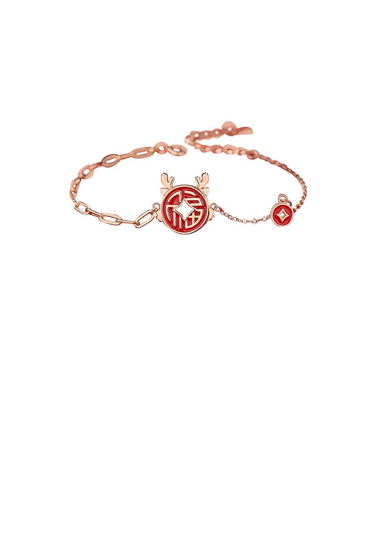 925 Sterling Silver Plated Rose Gold Fashion Vintage Enamel Zodiac Dragon Copper Coin Bracelet