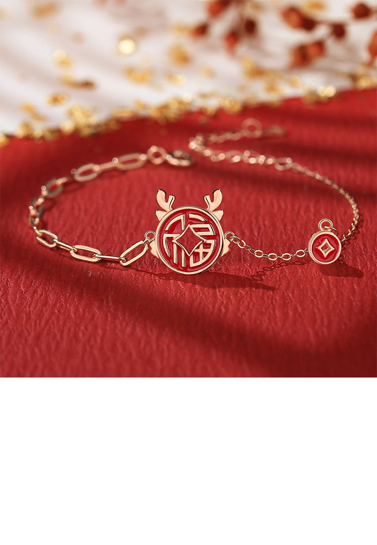 925 Sterling Silver Plated Rose Gold Fashion Vintage Enamel Zodiac Dragon Copper Coin Bracelet