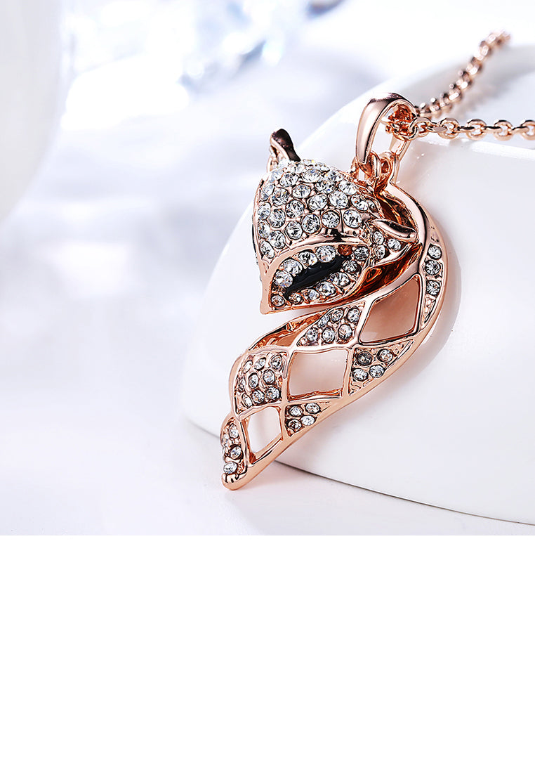 Fashion Plated Rose Gold Fox Pendant with Austrian Element Crystal and Necklace